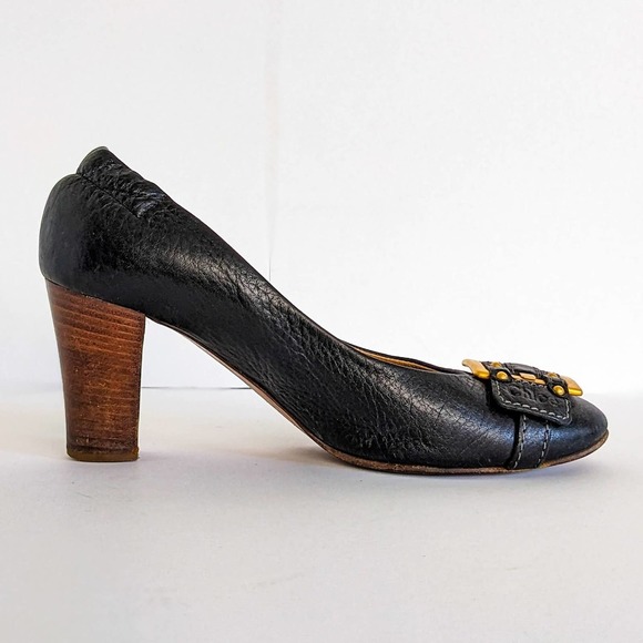Chloe Black Heels with Gold Buckle and Wooden Heel - Picture 9 of 15